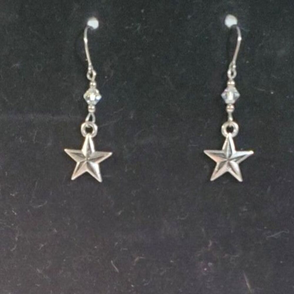 Silver Star Dangle Earrings with Clear Beads for Pierced Ears